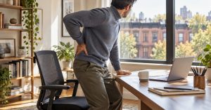 Adult with lower back pain at a desk in Brooklyn