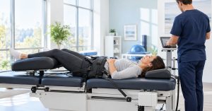 Patient lying on a spinal decompression table at a Brooklyn pain clinic