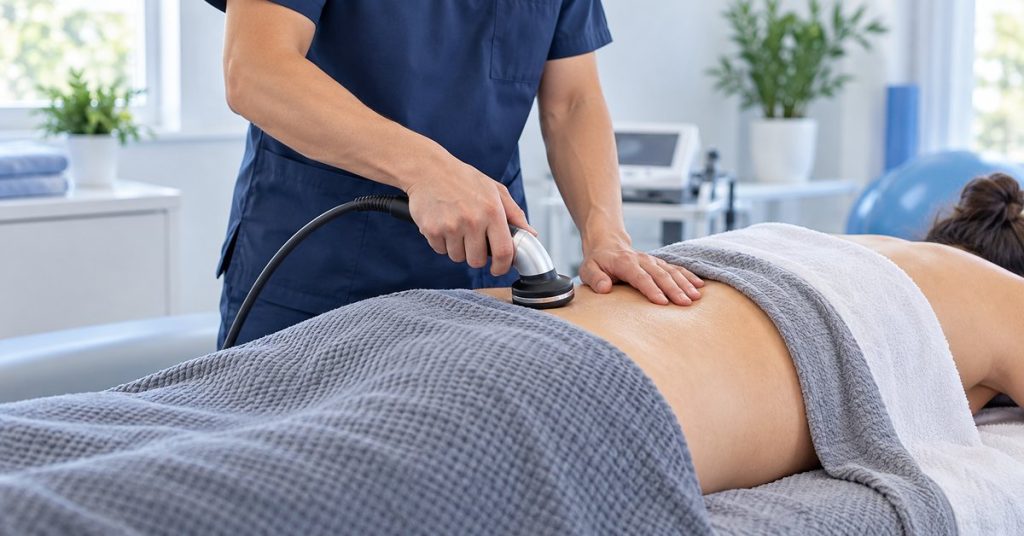Clinician performing TECAR therapy on a patient's lower back