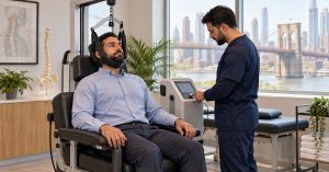 Patient seated during cervical traction therapy at a Brooklyn clinic