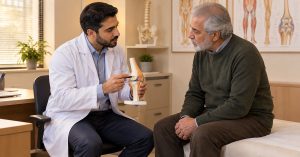 Doctor explaining hyaluronic acid knee injections with a knee model
