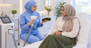 Clinician explaining a first laser therapy session to a patient