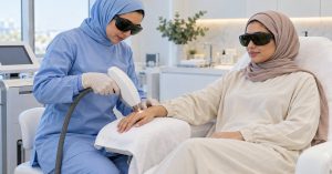 Clinician applying laser therapy to a patient's hand for neuropathy