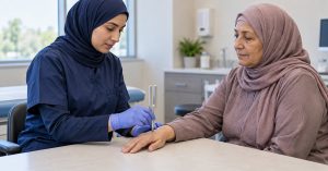 Clinician testing hand sensation with a tuning fork